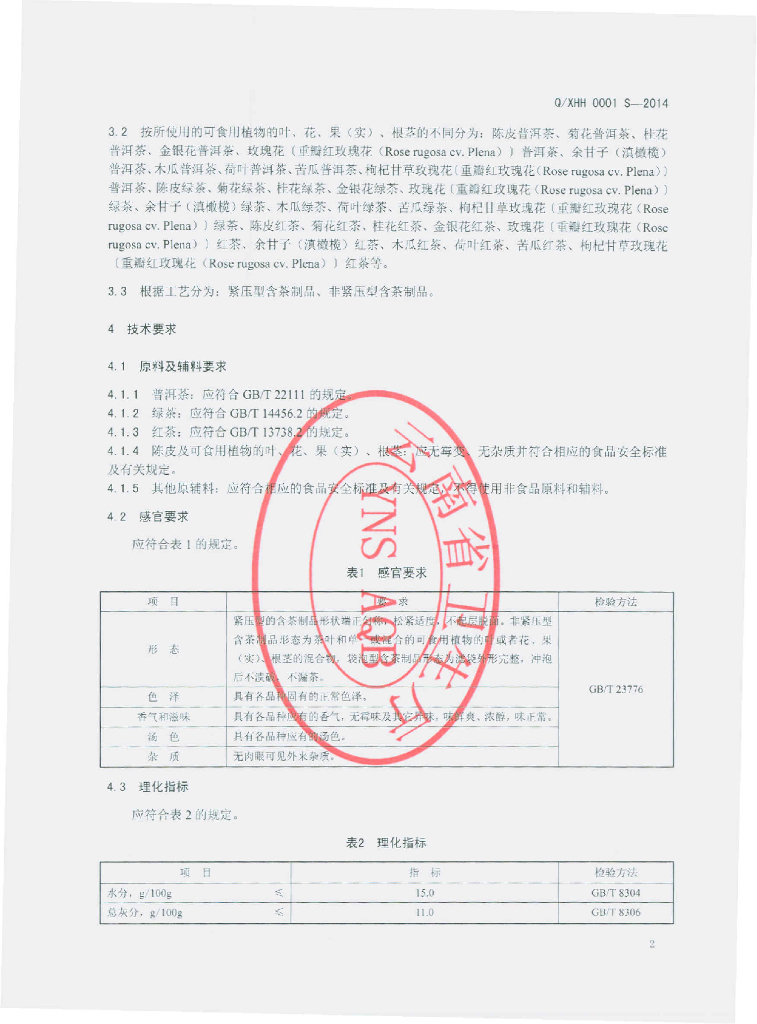 Q/XHH 0001S-2014 标准预览