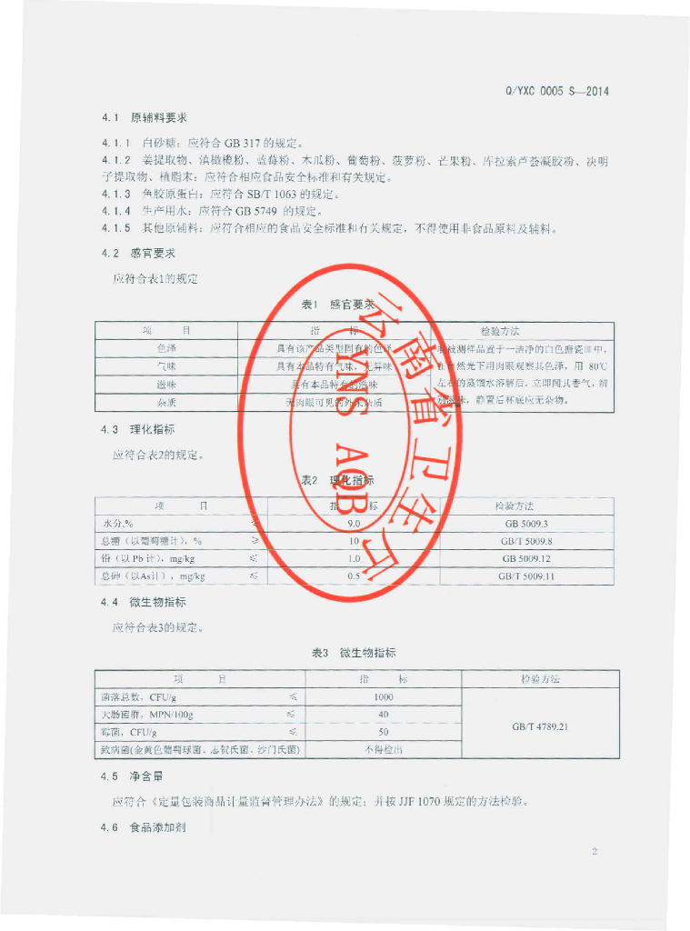 Q/YXC 0005S-2014 标准预览