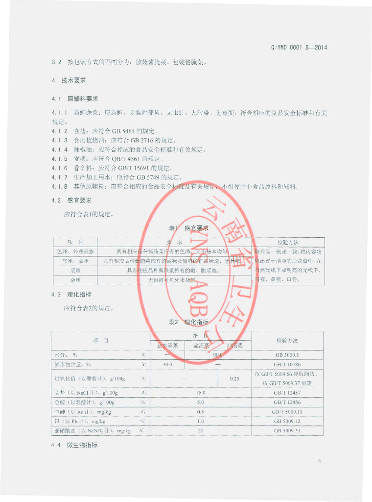 Q/YMD 0001S-2014 标准预览