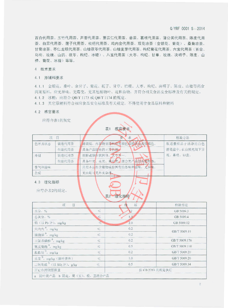 Q/YRF 0001S-2014 标准预览