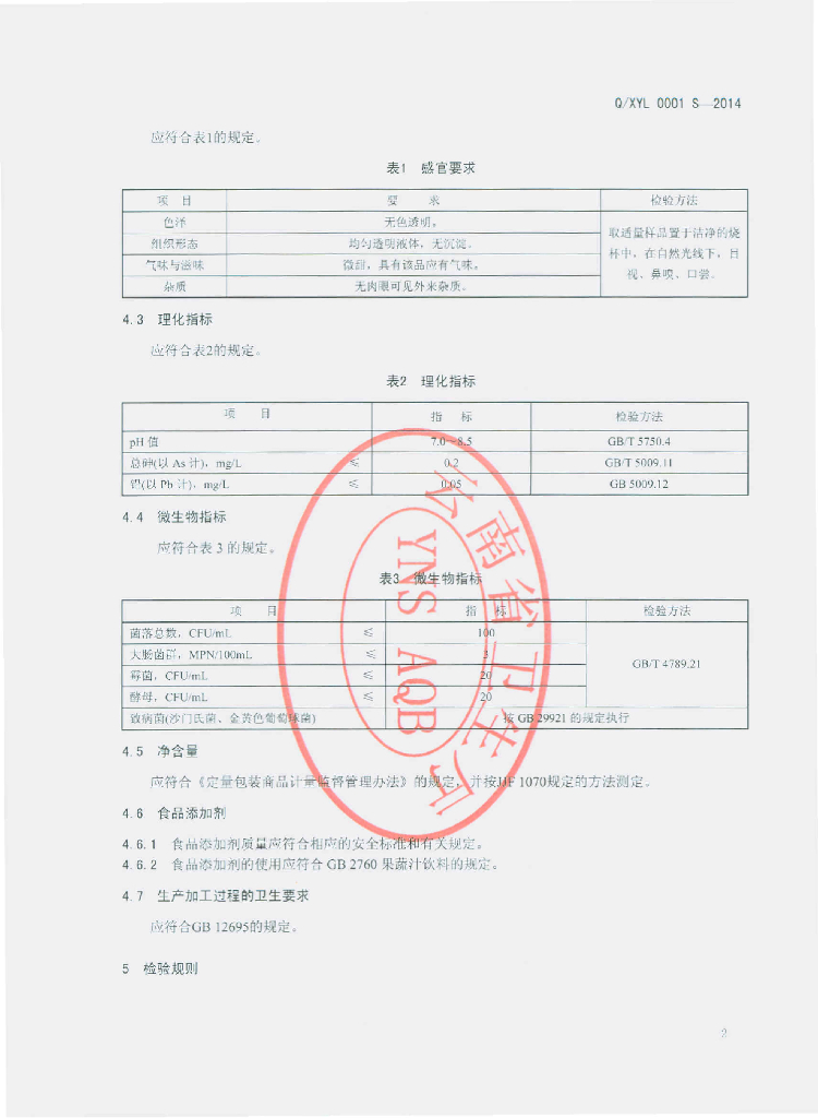 Q/XYL 0001S-2014 标准预览