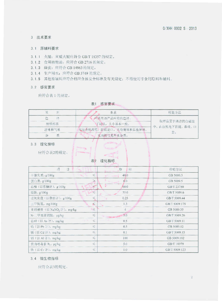 Q/XHH 0002S-2013 标准预览