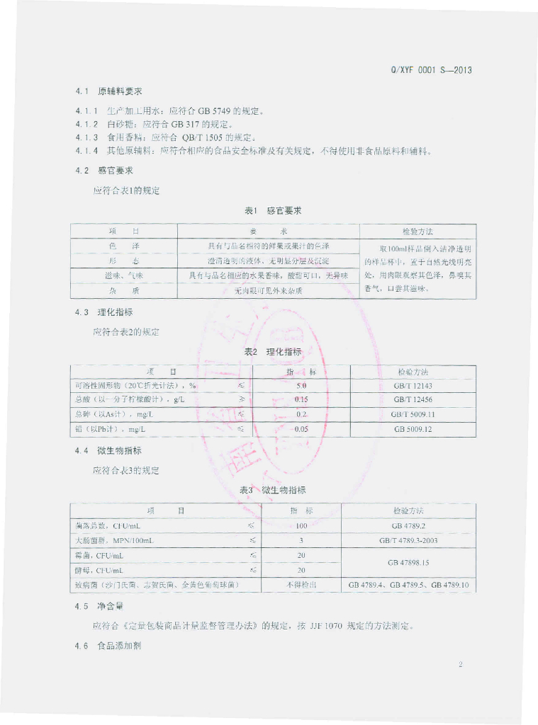 Q/XYF 0001S-2013 标准预览