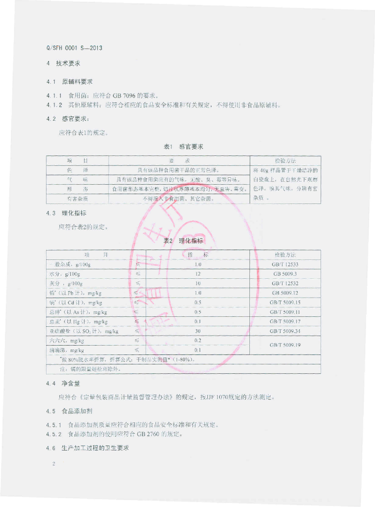 Q/SFH 0001S-2013 标准预览