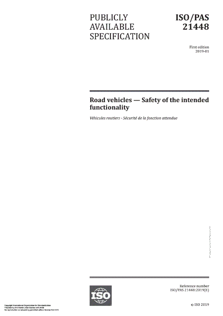 ISO/PAS 21448 Road vehicles-Safrety of the intended functionality