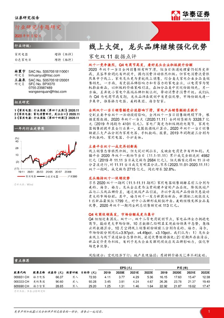 华泰证券：家电行业双11数据点评：线上大促，龙头品牌继续强化优势