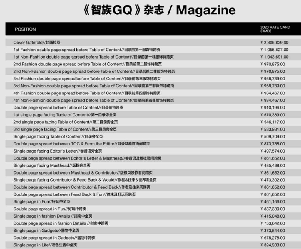《智族GQ》2020年广告刊例