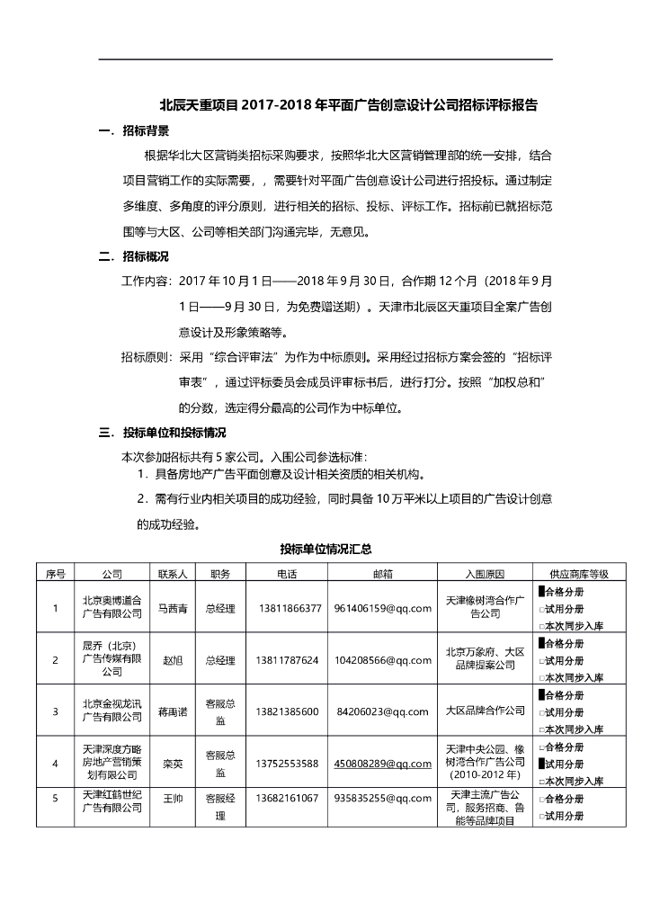 北辰天重项目平面广告创意设计公司招标评标报告