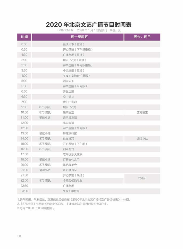 北京广播电台2020广告刊例