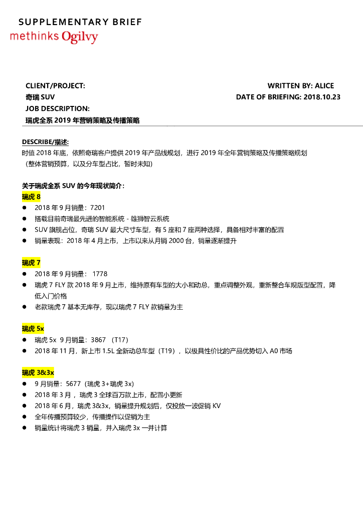 奇瑞SUV瑞虎全系2019年营销策略及传播策略规划brief