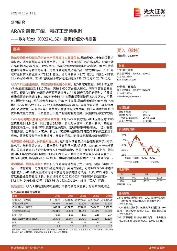 光大证券：歌尔股份（002241）-投资价值分析报告：<em>AR</em>/VR前景广阔，风好正是扬帆时 海报