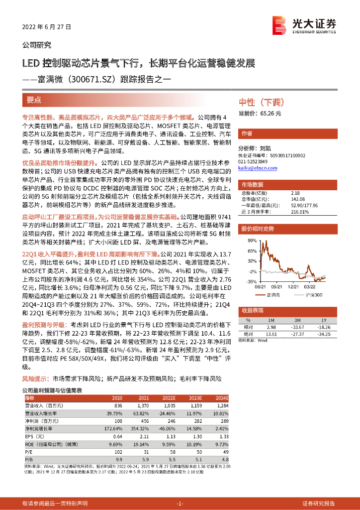 光大证券：富满微（300671）-跟踪报告之一：<em>LED</em>控制驱动芯片景气下行，长期平台化运营稳健发展 海报
