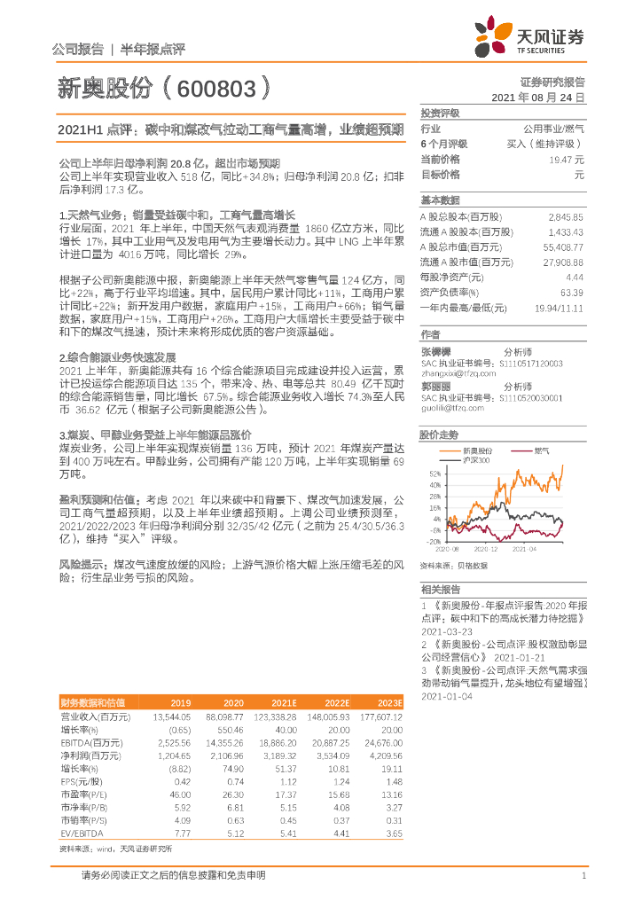 天风证券：新奥股份（600803）-2021H1点评：<em>碳中和</em>煤改气拉动工商气量高增，业绩超预期 海报