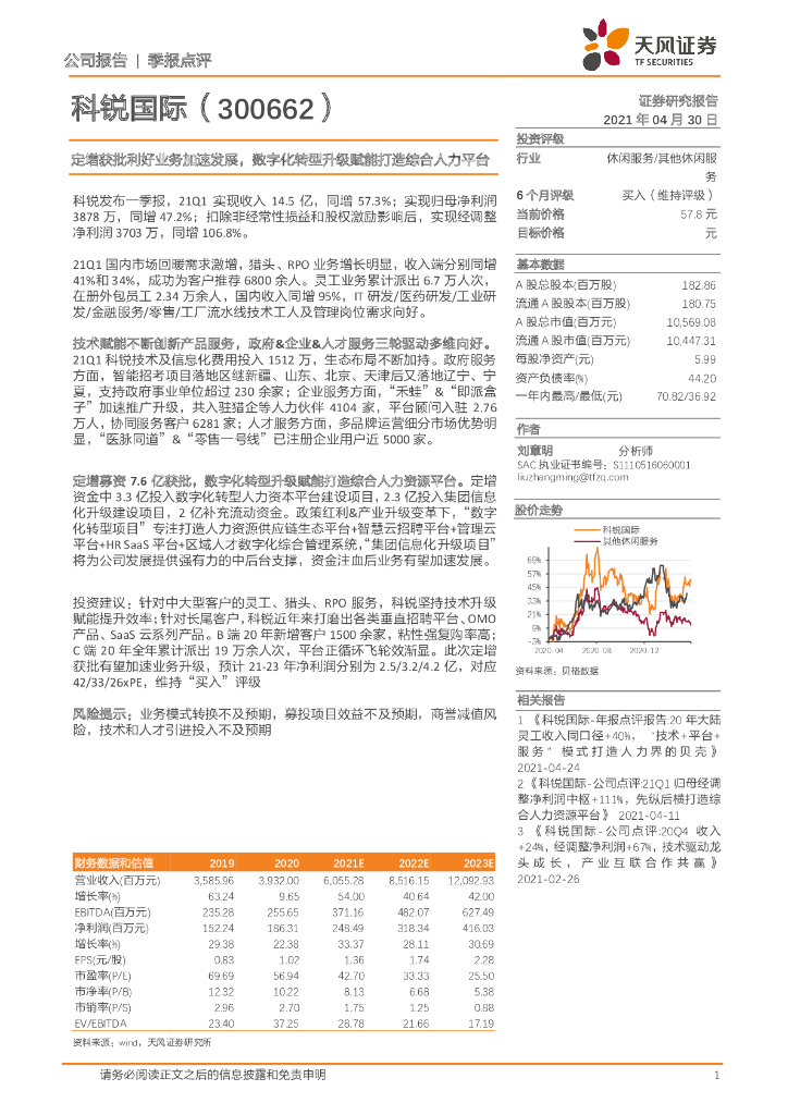 天风证券：科锐国际（300662）-定增获批利好业务加速发展，<em>数字化转型</em>升级赋能打造综合人力平台 海报