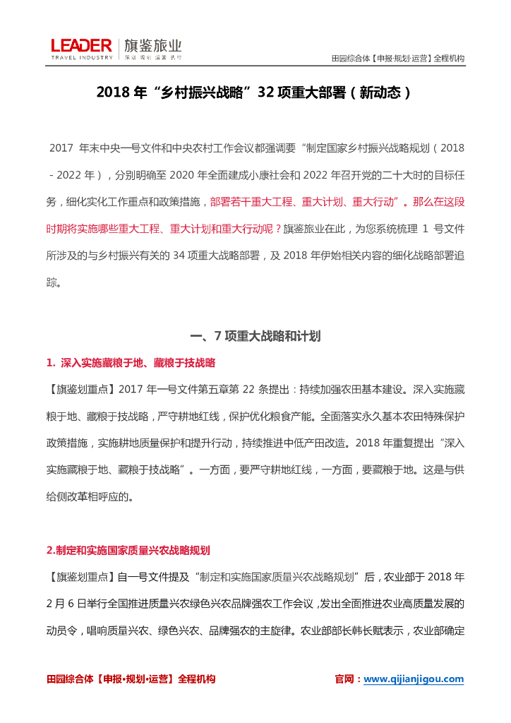 2018年“乡村振兴战略”32项重大部署