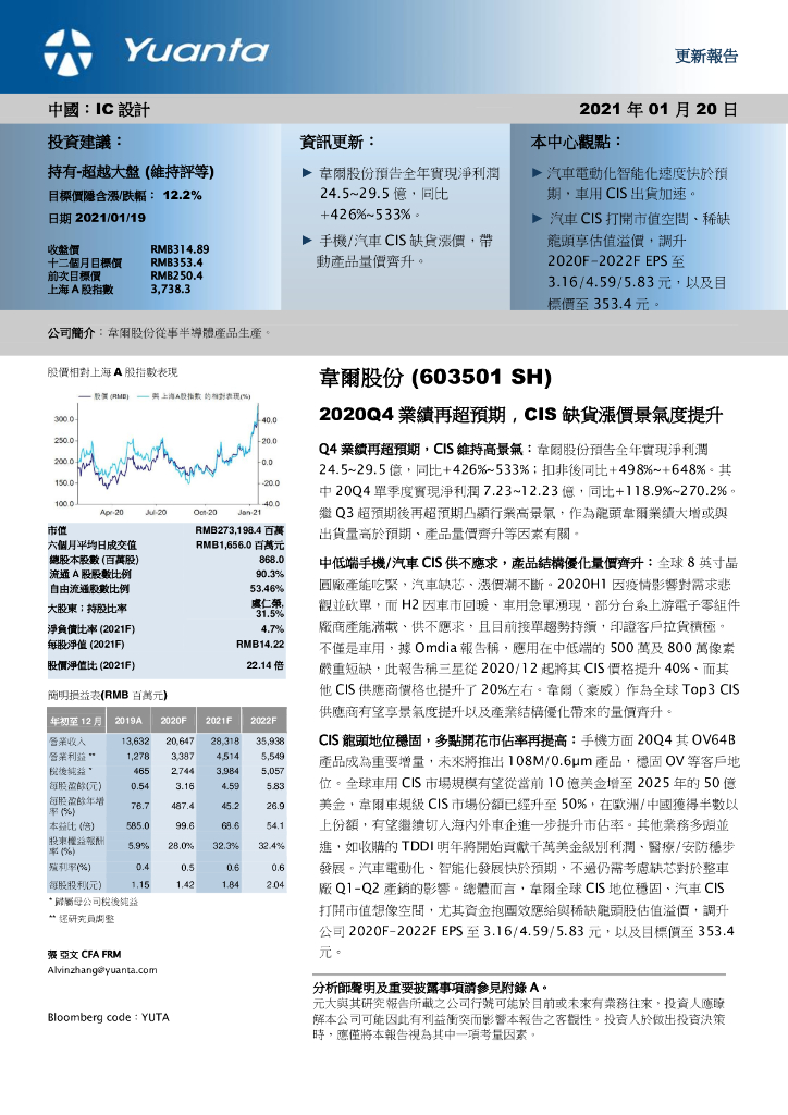元大证券(香港)：韦尔股份（603501）-2020Q4业绩再超预期，CIS缺货涨价景气度提升海报