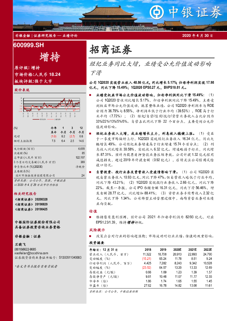 中银证券：招商证券（600999）-经纪业务同比大增，业绩受公允价值波动影响下滑