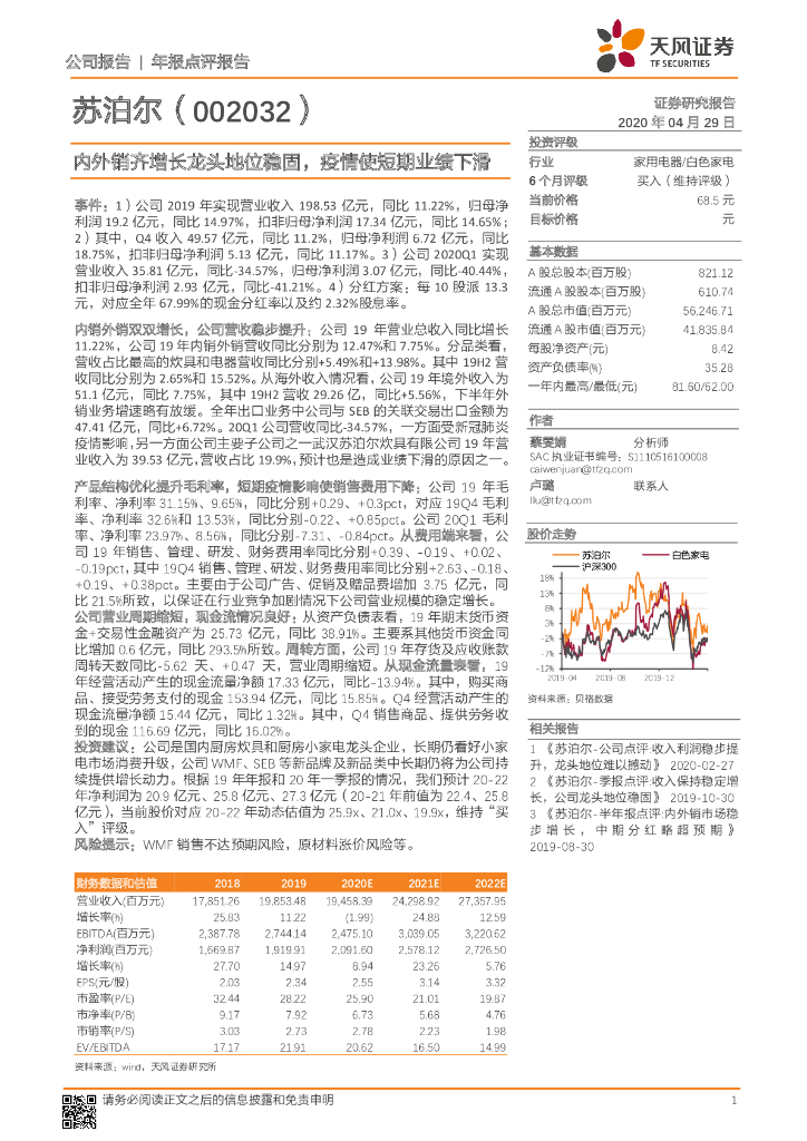 天风证券：苏泊尔（002032）-内外销齐增长龙头地位稳固，疫情使短期业绩下滑