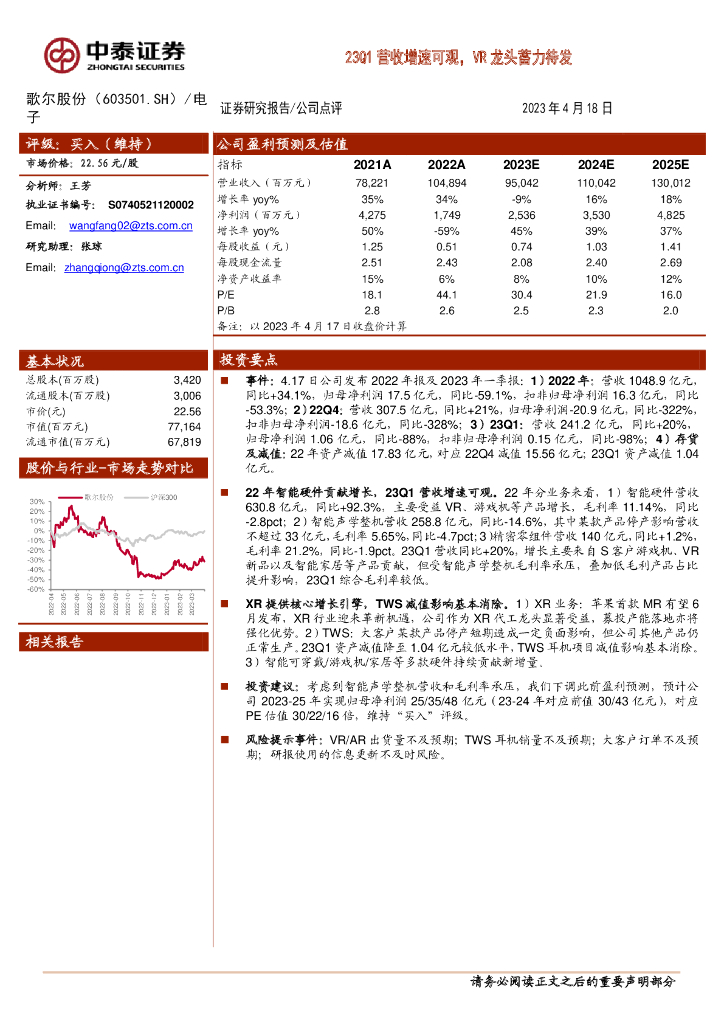 中泰证券：歌尔股份（002241）-23Q1营收增速可观，<em>VR</em>龙头蓄力待发 海报