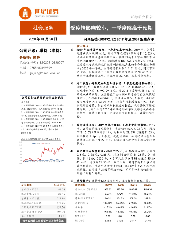 世纪证券：科斯伍德（300192）-2019年及20Q1业绩点评：受疫情影响较小，一季度略高于预期