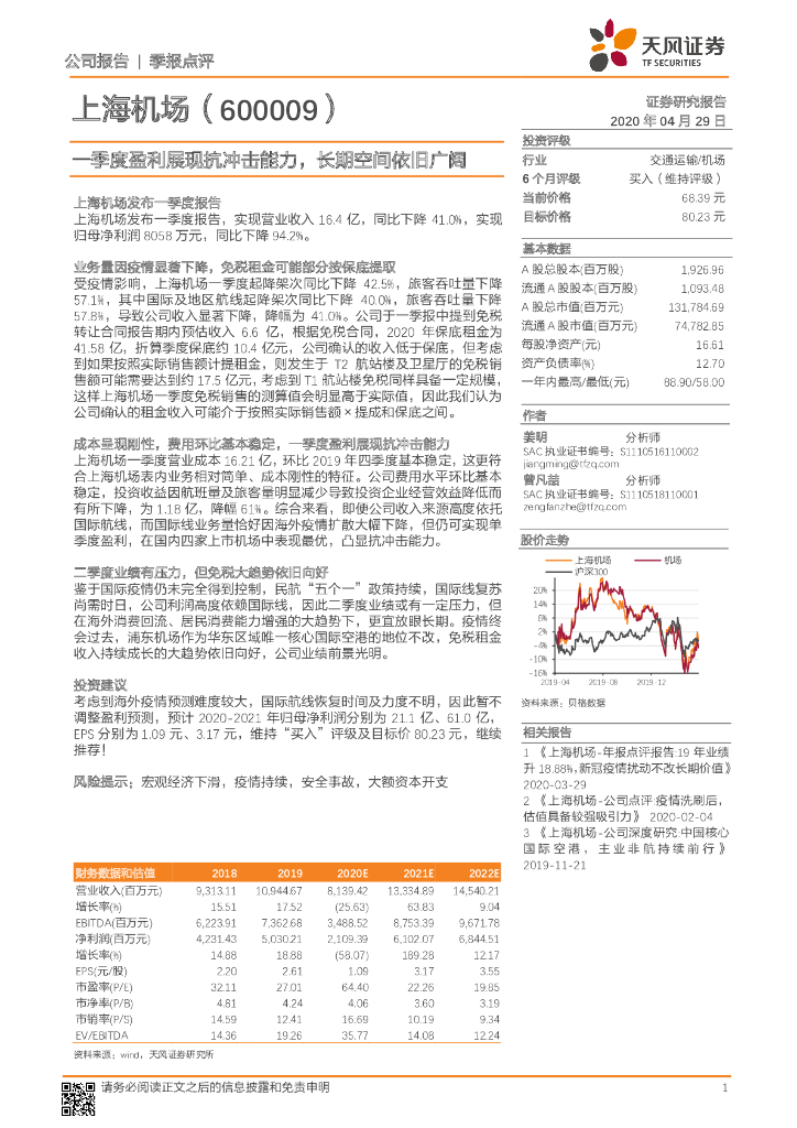 天风证券：上海机场（600009）-一季度盈利展现抗冲击能力，长期空间依旧广阔