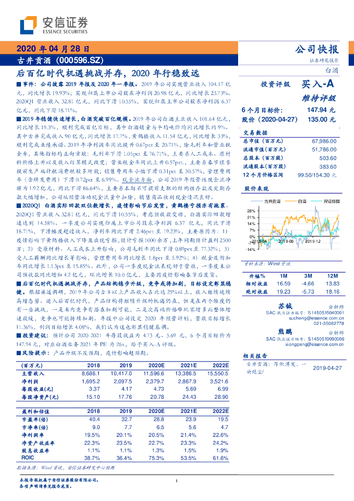 安信证券：古井贡酒（000596）-后百亿时代机遇挑战并存，2020年行稳致远