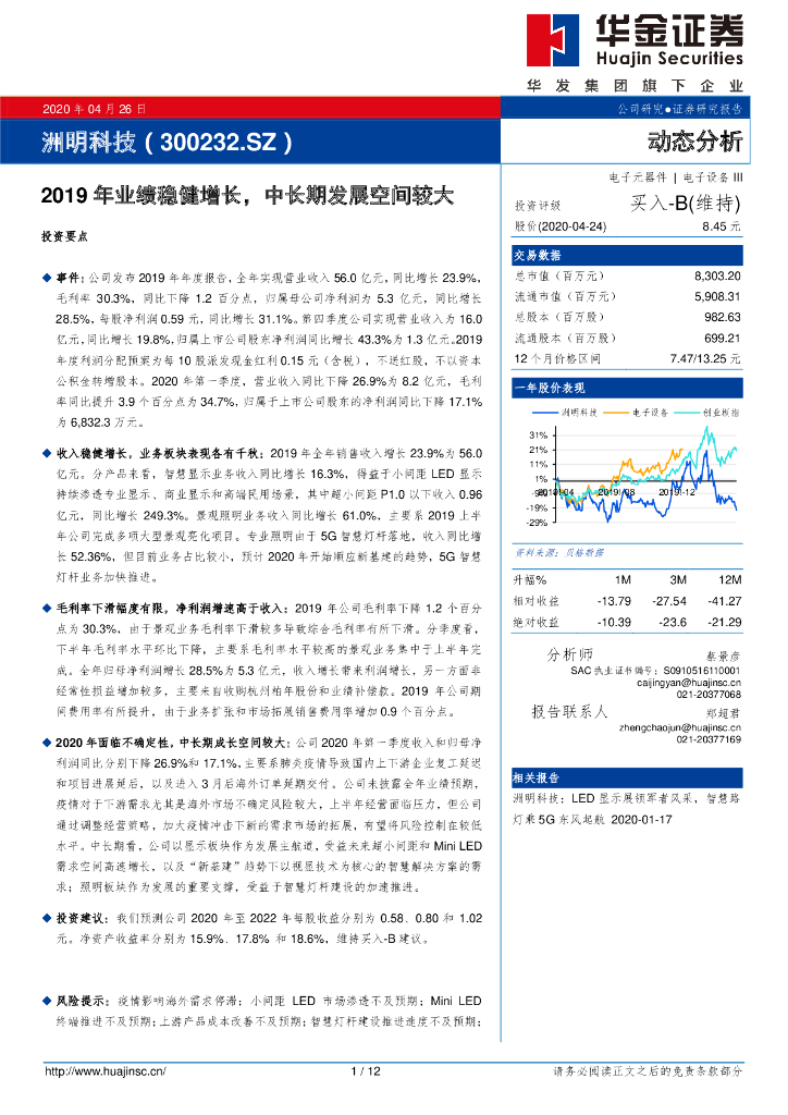 华金证券：洲明科技（300232）-2019年业绩稳健增长，中长期发展空间较大