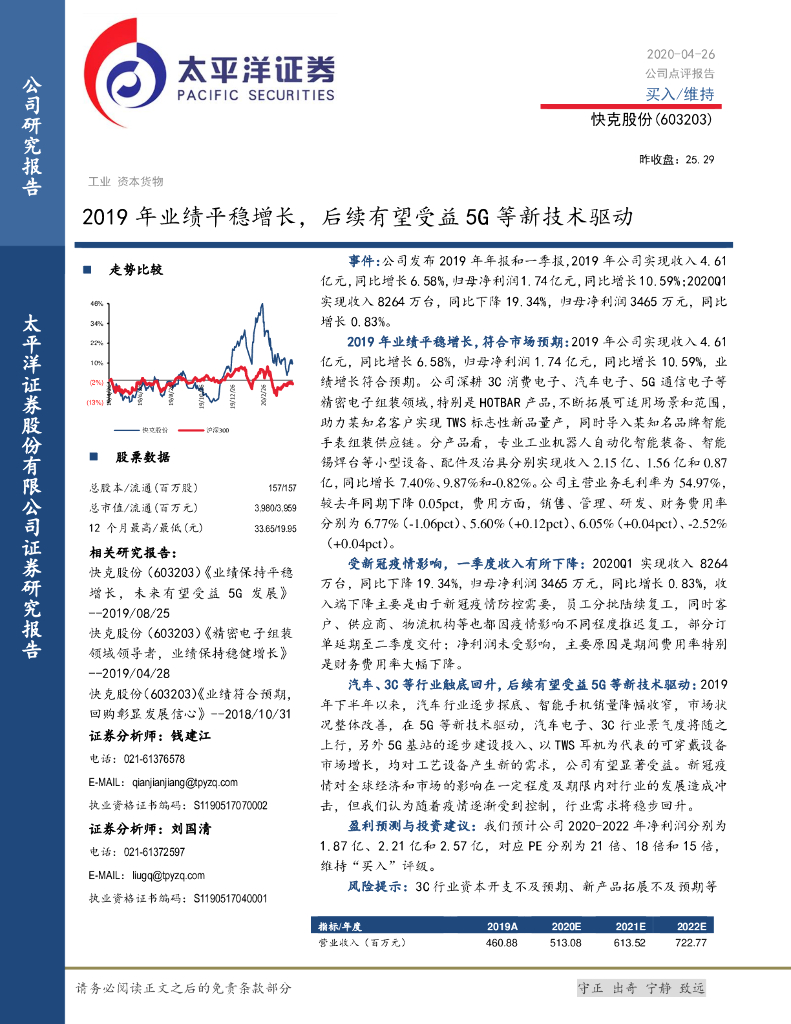 太平洋证券：快克股份（603203）-2019年业绩平稳增长，后续有望受益5G等新技术驱动
