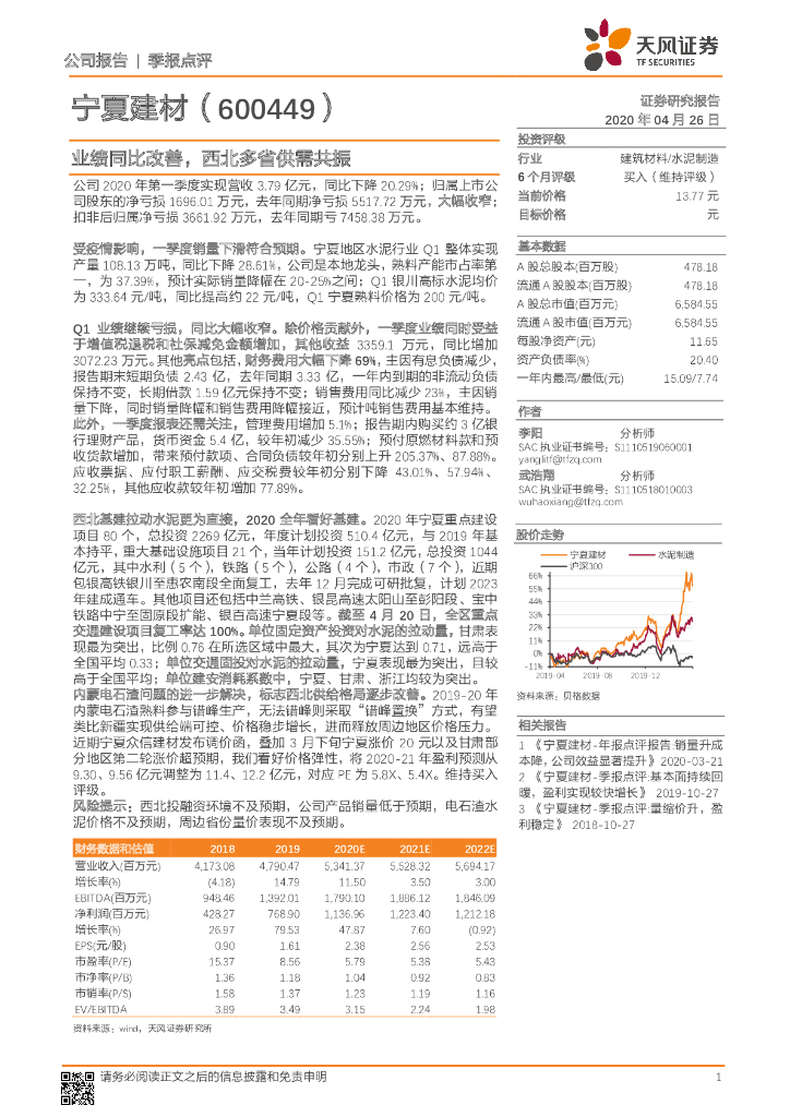 天风证券：宁夏建材（600449）-业绩同比改善，西北多省供需共振