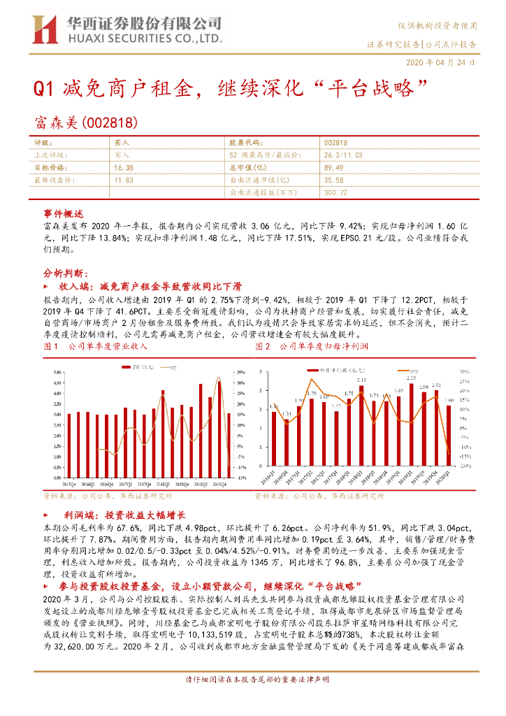 华西证券：富森美（002818）-Q1减免商户租金，继续深化“平台战略”