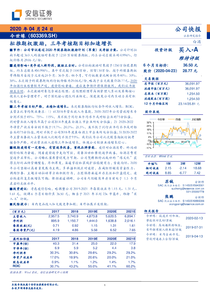 安信证券：今世缘（603369）-拟推期权激励，三年考核期目标加速增长