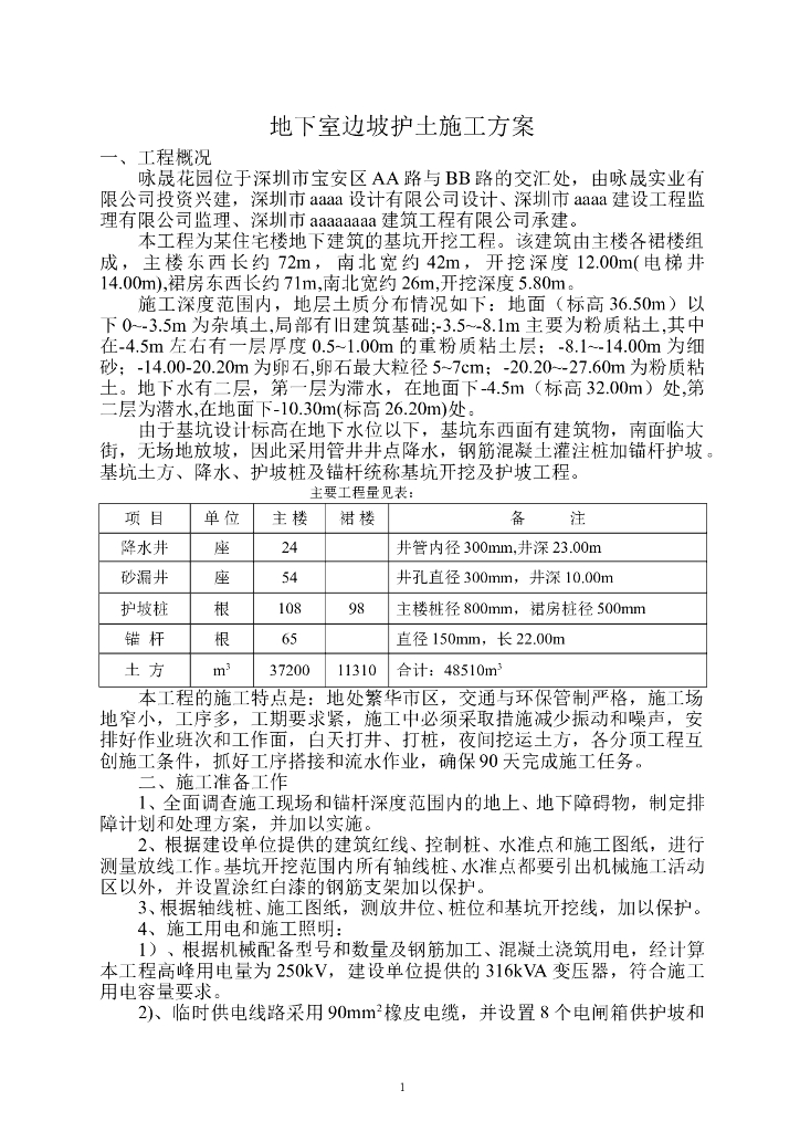 地下室边坡护桩锚杆施工组织设计Word版（共16页）