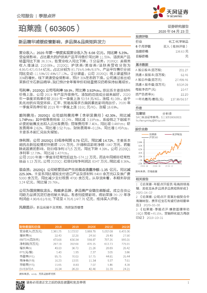 天风证券：珀莱雅（603605）-新品精华减缓疫情影响，多品牌&品类矩阵发力