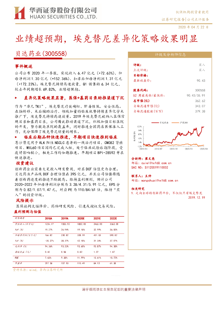 华西证券：贝达药业（300558）-业绩超预期，埃克替尼差异化策略效果明显