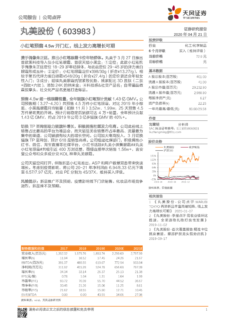 天风证券：丸美股份（603983）-小红笔预售4.5w开门红，线上发力高增长可期
