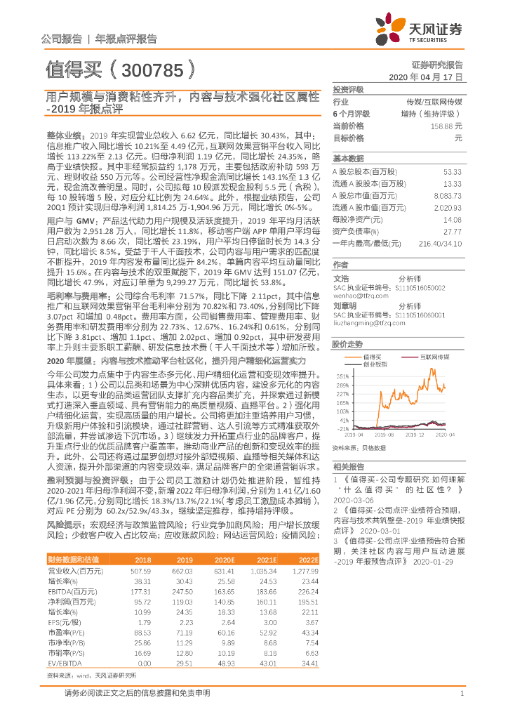天风证券：值得买（300785）-2019年报点评：用户规模与消费粘性齐升，内容与技术强化社区属性