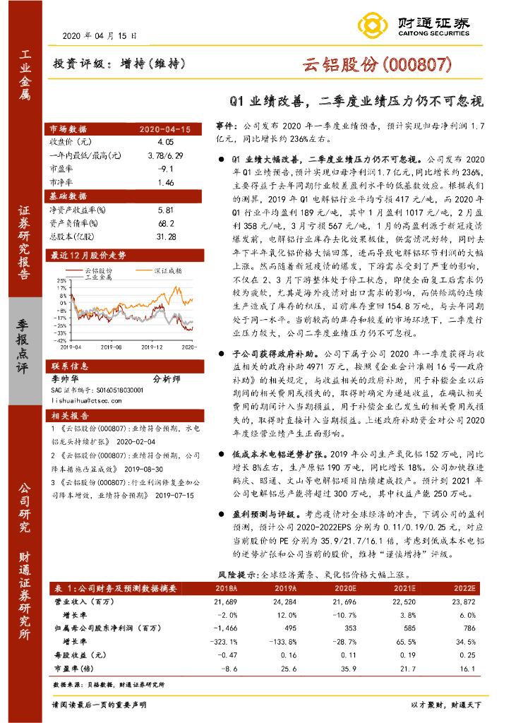财通证券：云铝股份（000807）-Q1业绩改善，二季度业绩压力仍不可忽视
