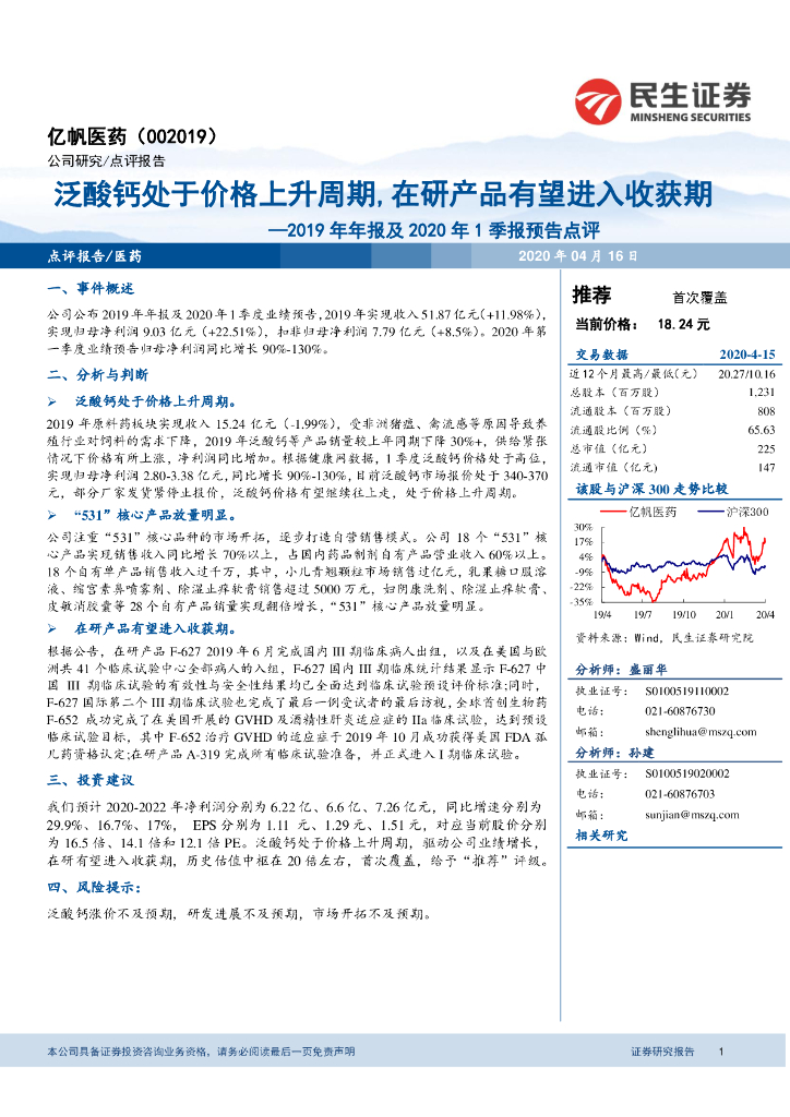 民生证券：亿帆医药（002019）-2019年年报及2020年1季报预告点评：泛酸钙处于价格上升周期，在研产品有望进入收获期