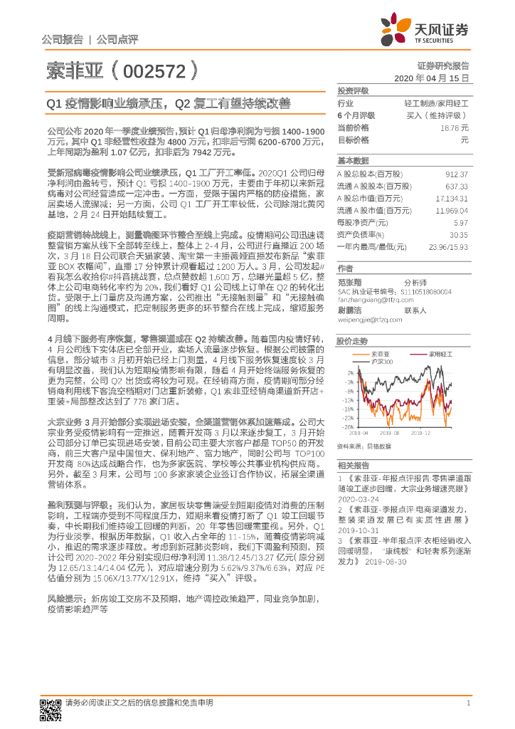 天风证券：索菲亚（002572）-Q1疫情影响业绩承压，Q2复工有望持续改善