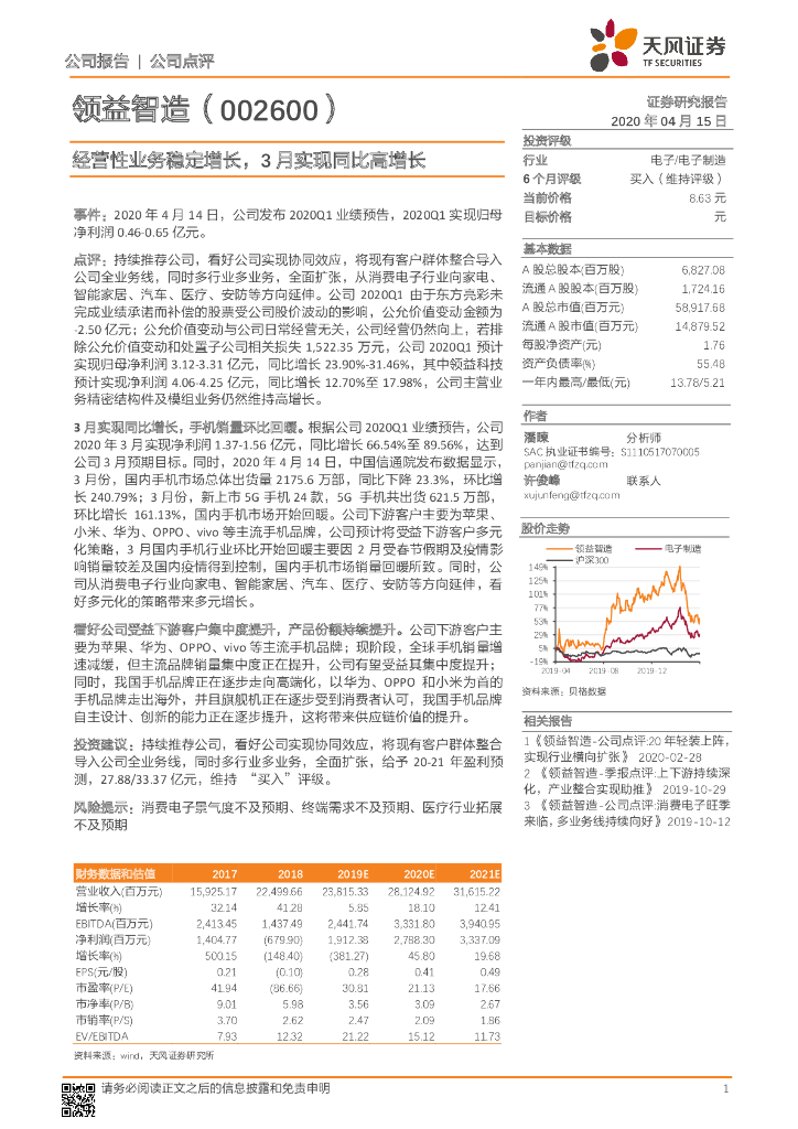 天风证券：领益智造（002600）-经营性业务稳定增长，3月实现同比高增长