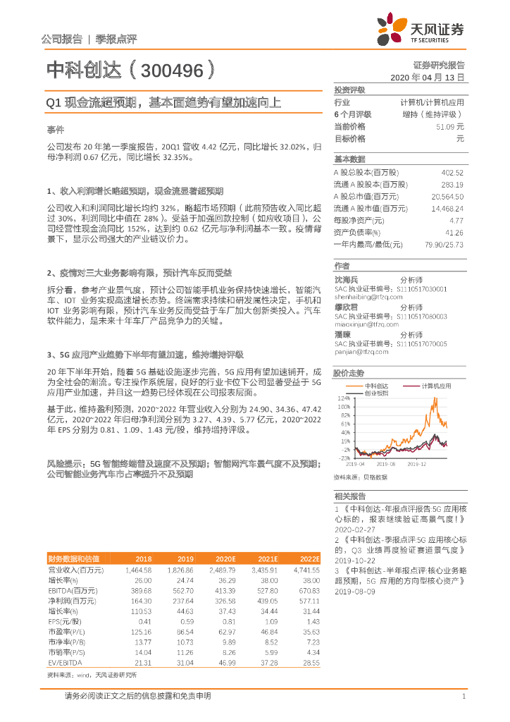天风证券：中科创达（300496）-Q1现金流超预期，基本面趋势有望加速向上