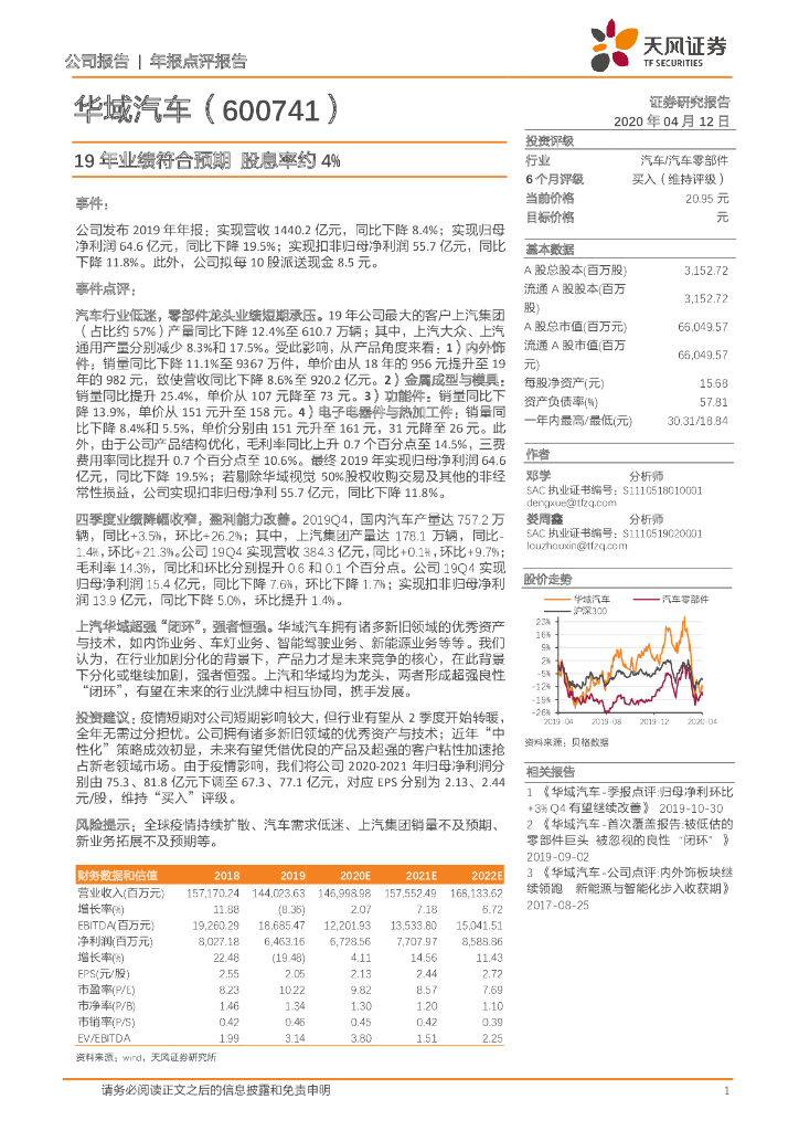天风证券：华域汽车（600741）-19年业绩符合预期 股息率约4%