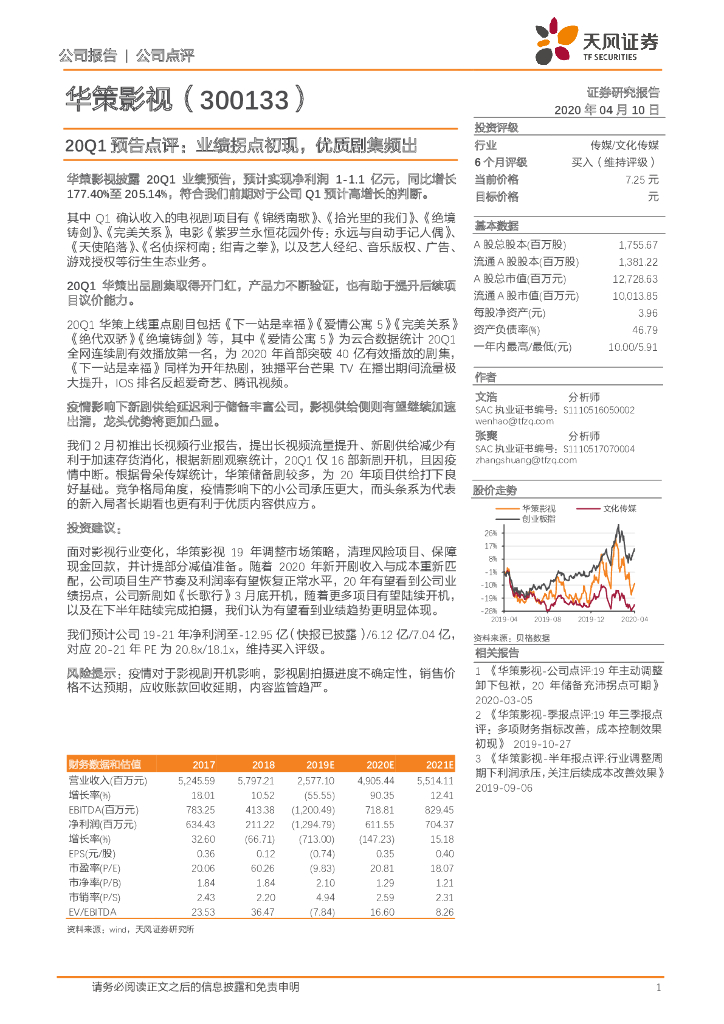 天风证券：华策影视（300133）-20Q1预告点评：业绩拐点初现，优质剧集频出