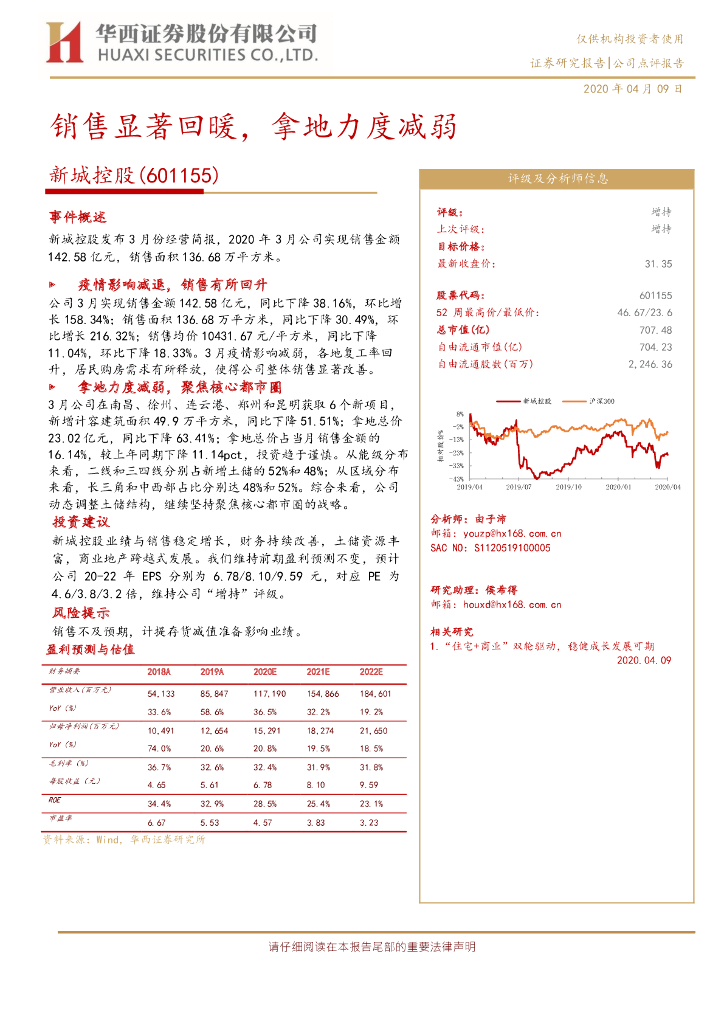 华西证券：新城控股（601155）-销售显著回暖，拿地力度减弱