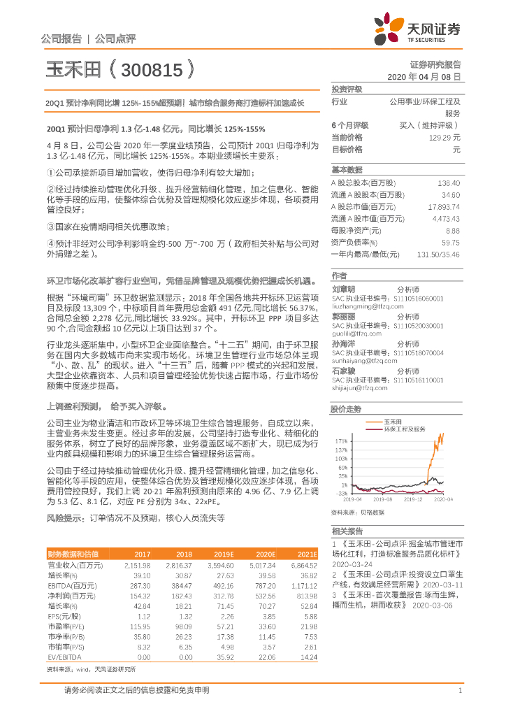 天风证券：玉禾田（300815）-20Q1预计净利同比增125%-155%超预期！城市综合服务商打造标杆加速成长