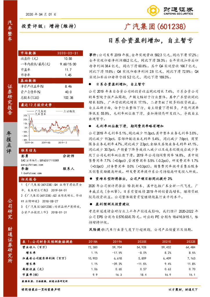 财通证券：广汽集团（601238）-日系合资盈利增加，自主暂亏