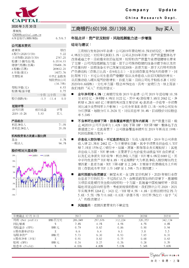 群益证券：工商银行（601398）-年报点评：资产状况较好，风险抵御能力进一步增强
