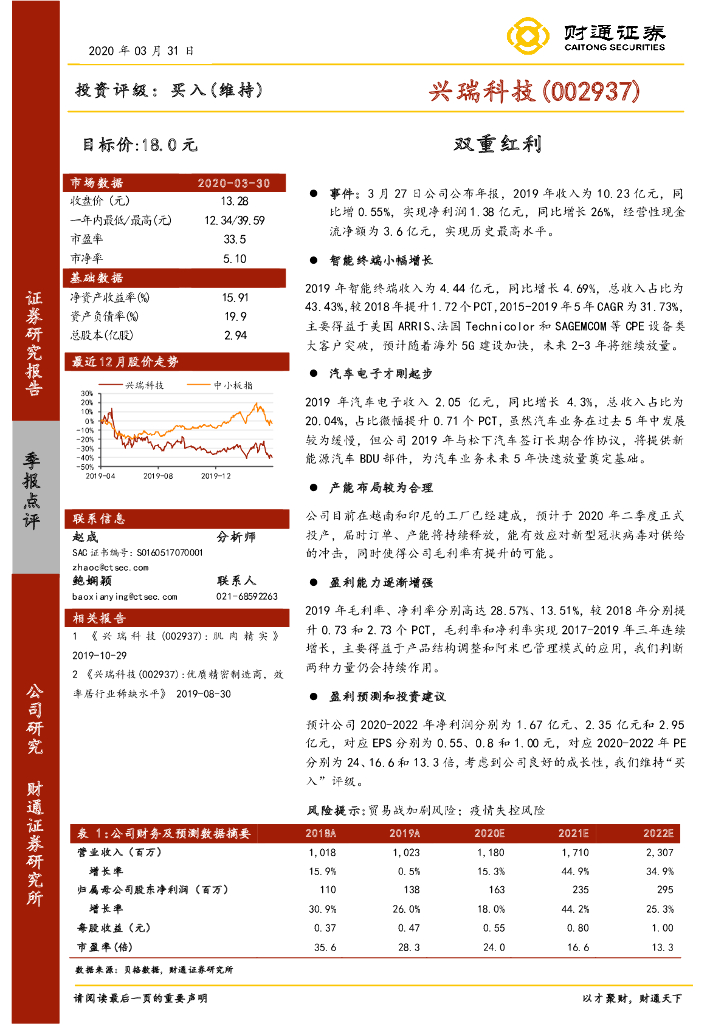 财通证券：兴瑞科技（002937）-双重红利