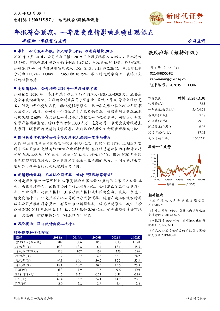 新时代证券：电科院（300215）-年报和一季报预告点评：年报符合预期，一季度受疫情影响业绩出现低点