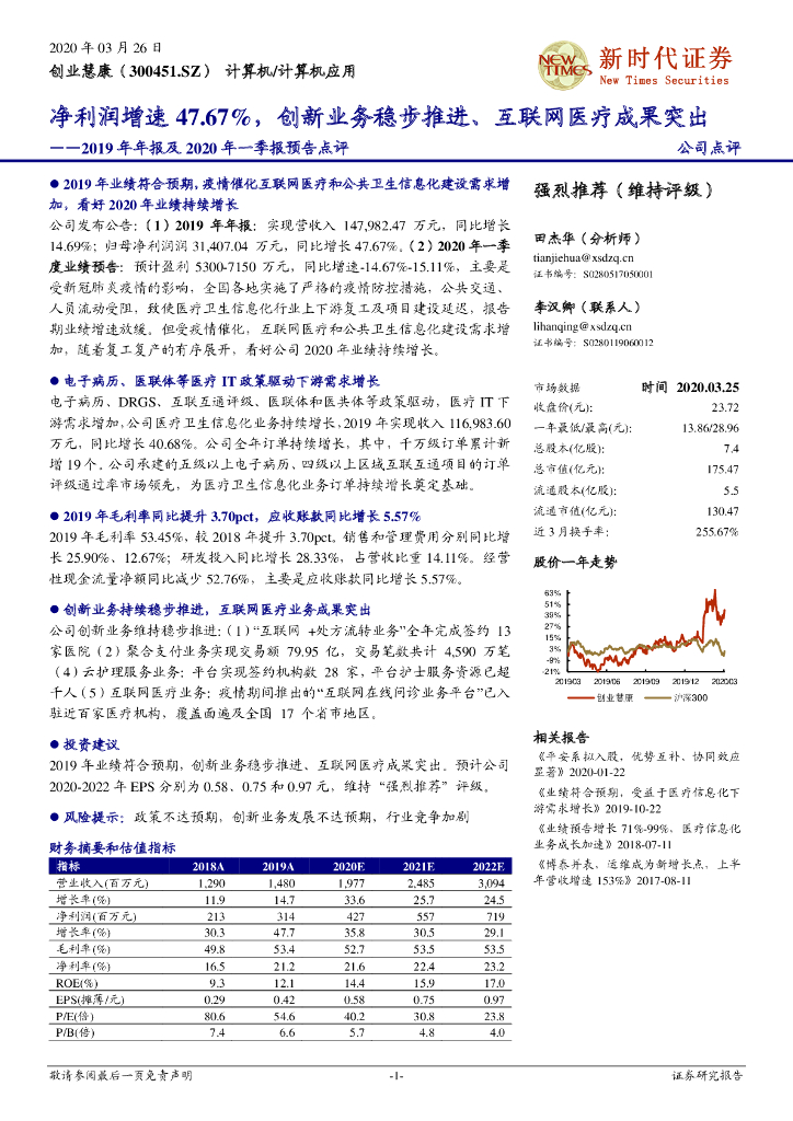 新时代证券：创业慧康（300451）-2019年年报及2020年一季报预告点评：净利润增速47.67%，创新业务稳步推进、互联网医疗成果突出